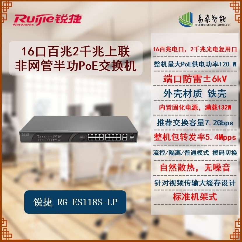 睿易 RG-ES118S-LP 16口百兆2千兆上联非网管半功PoE交换机